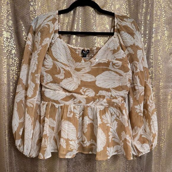 Express Pleated Tan Gold White Balloon Sleeve Chiffon Smocked Blouse Top M NWT - Picture 1 of 7